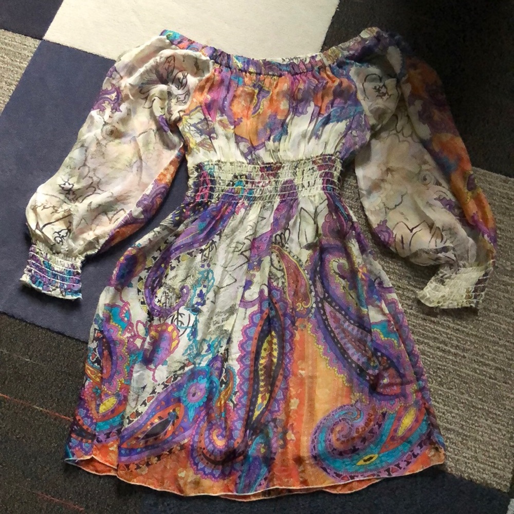 Off the shoulder paisley dress with puff sleeves